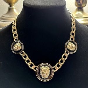 $365 Lion Head Medallion chain link necklace in gold & black with crystal stones